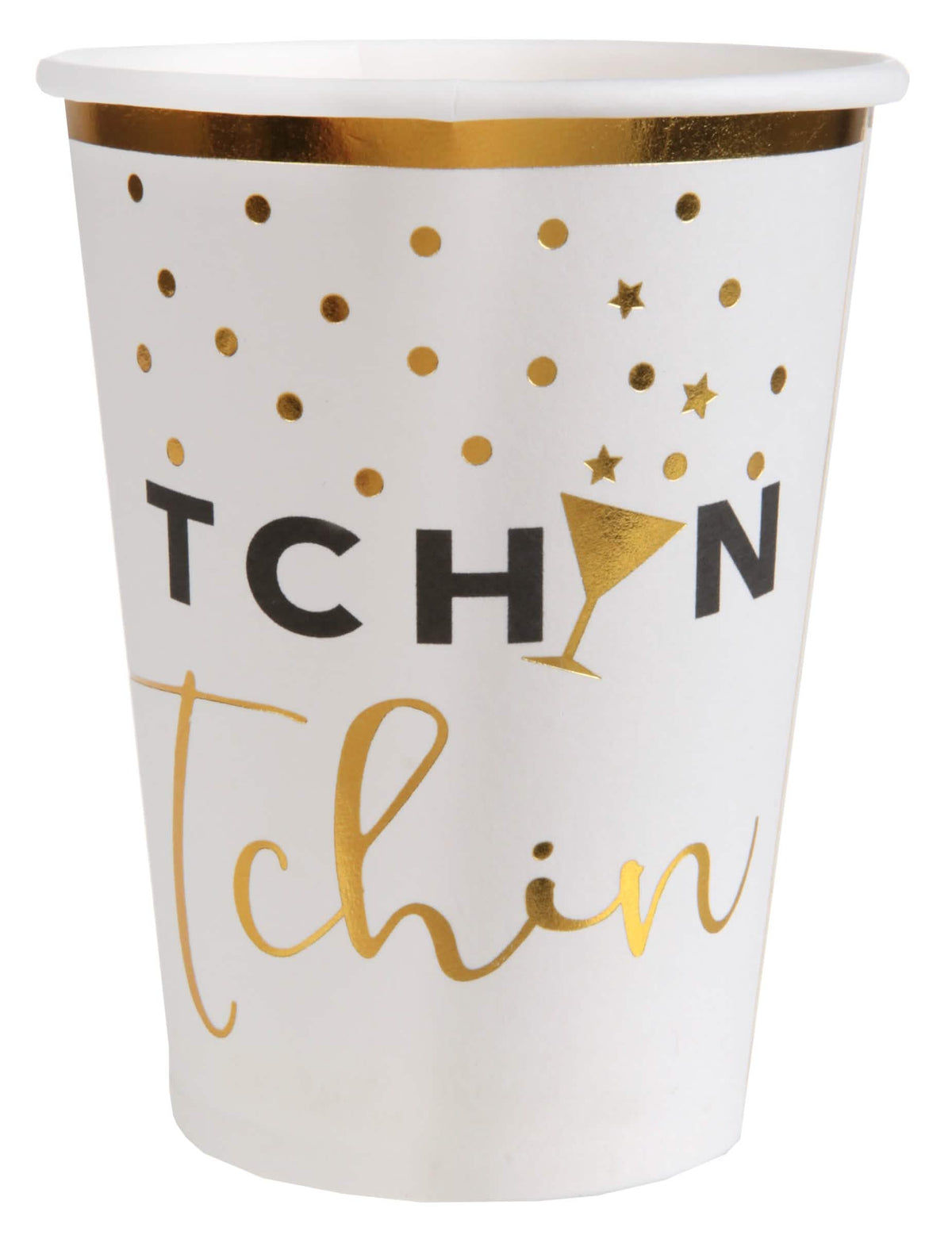 Gobelets en carton tchin tchin pour fête blanc et doré