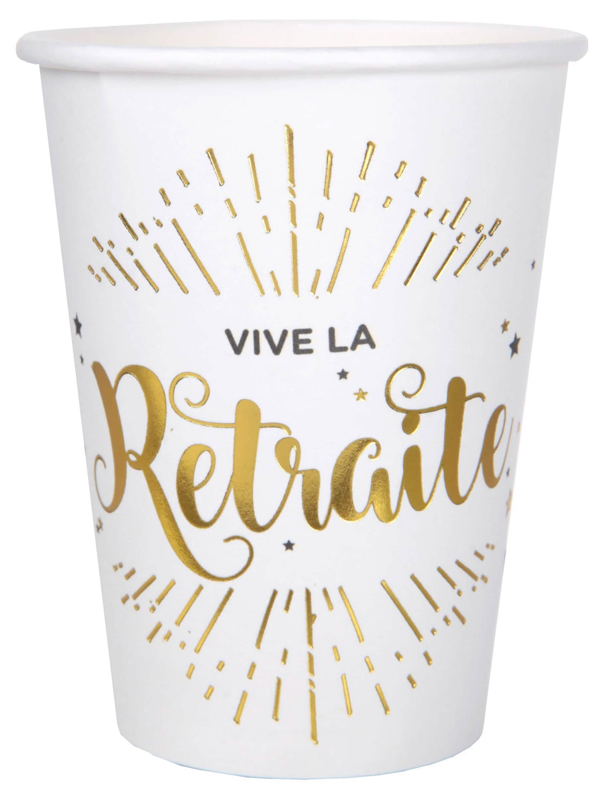 Gobelets en carton vive la retraite pour décoration blanc et doré