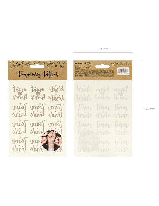 Packaging face et dos avec dimensions des tatouages éphémères Team bride