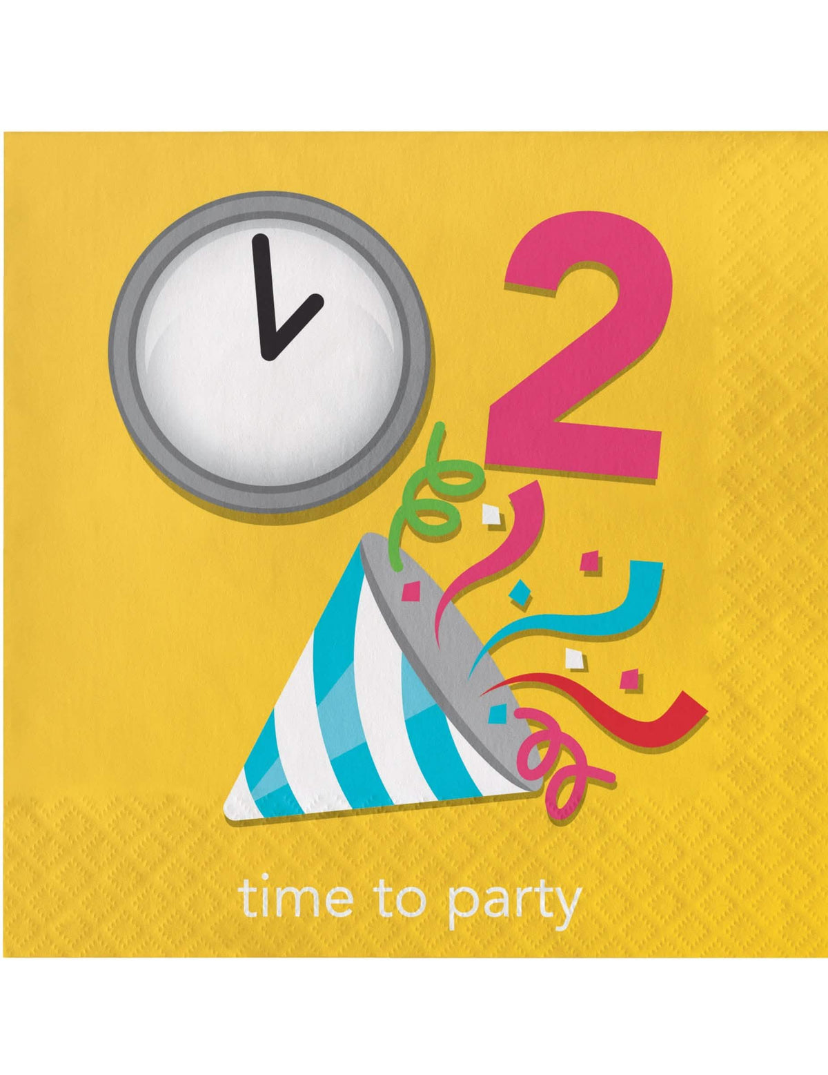 Serviettes en papier Emojions party pour anniversaire jaune avec motifs horloge et chapeau de fête
