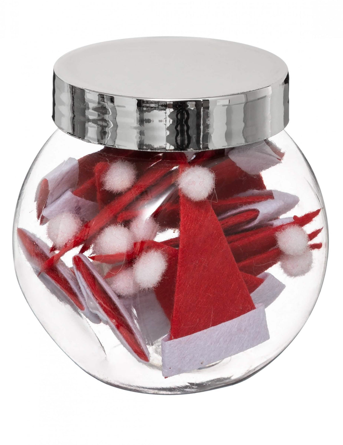 Kleine rode en witte kerstmutsdecoraties in een glazen pot