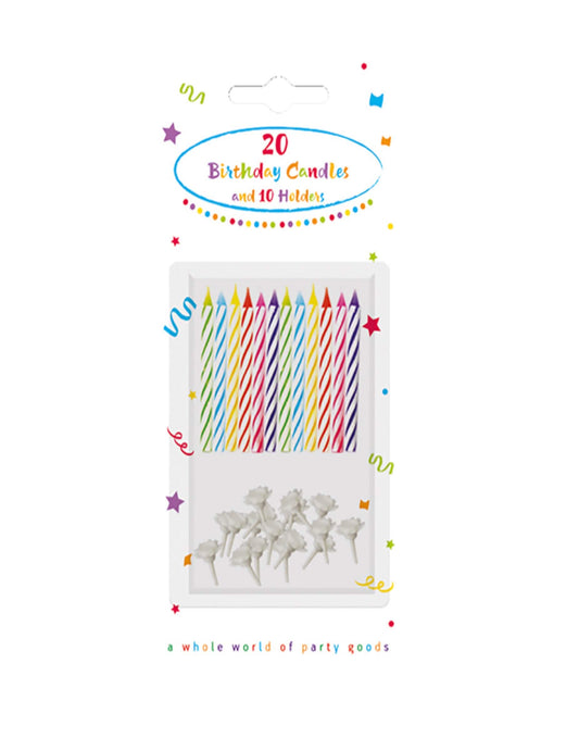 Vue du packaging des bougies pour gâteau d'anniversaire multicolores à rayures avec bobèches