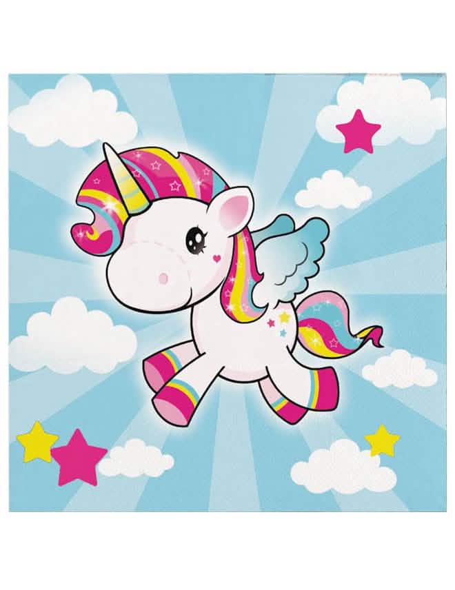 Serviettes en papier Licorne pour enfant bleu ciel avec nuages et étoiles