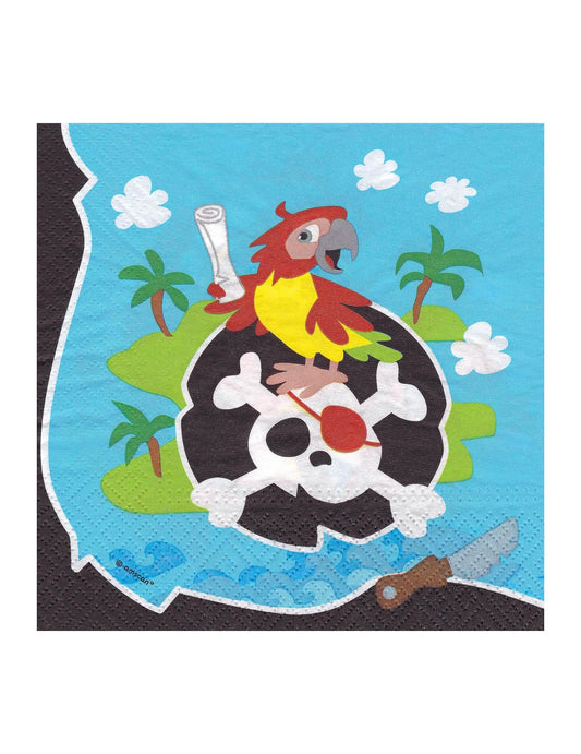 Détail de l'illustration du perroquet sur une tête de mort des serviettes en papier pirate pour anniversaire enfant