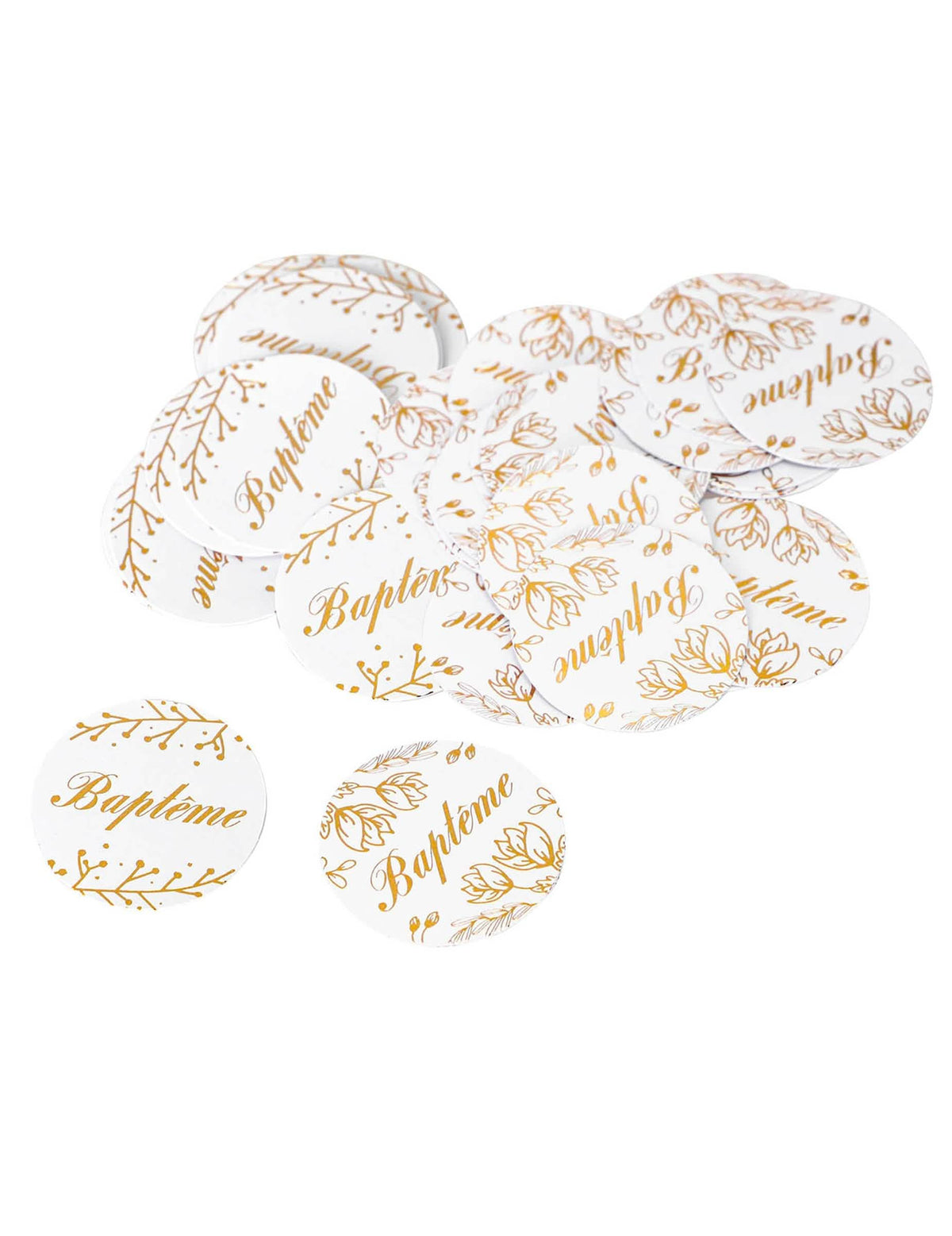 Confettis ronds de baptême pour décoration blancs et fleuris dorés