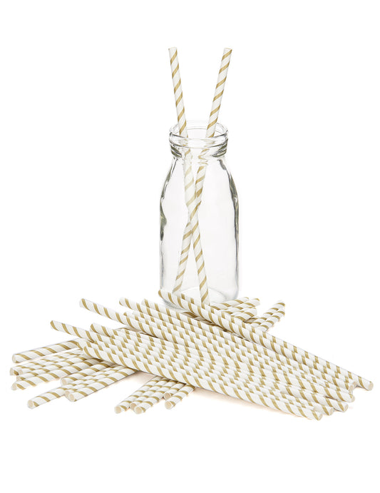 Mise en situation dans une bouteille des pailles rayées en carton pour fête or