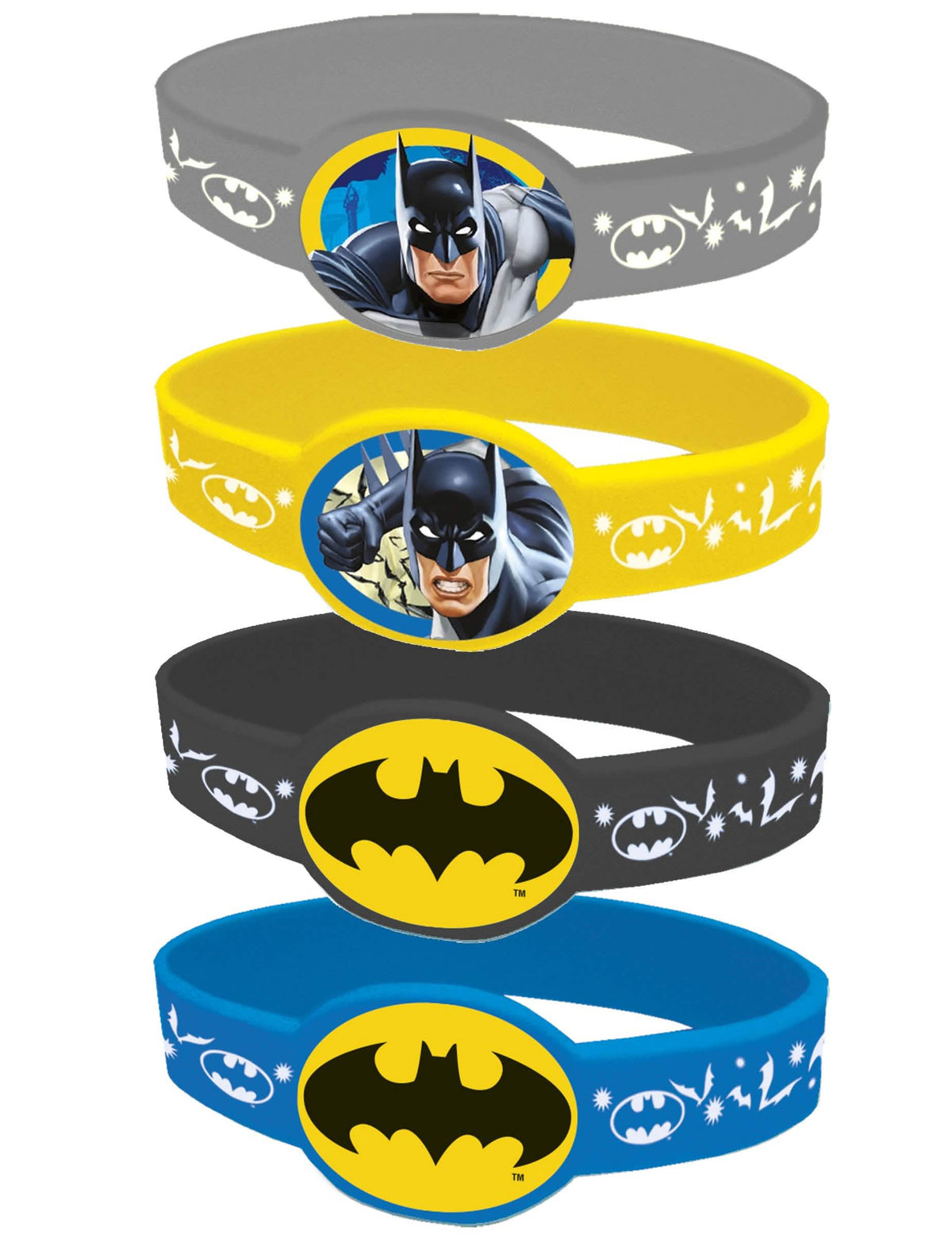 4 elastische Batman-armbanden voor kinderen grijs geel zwart en blauw met motieven