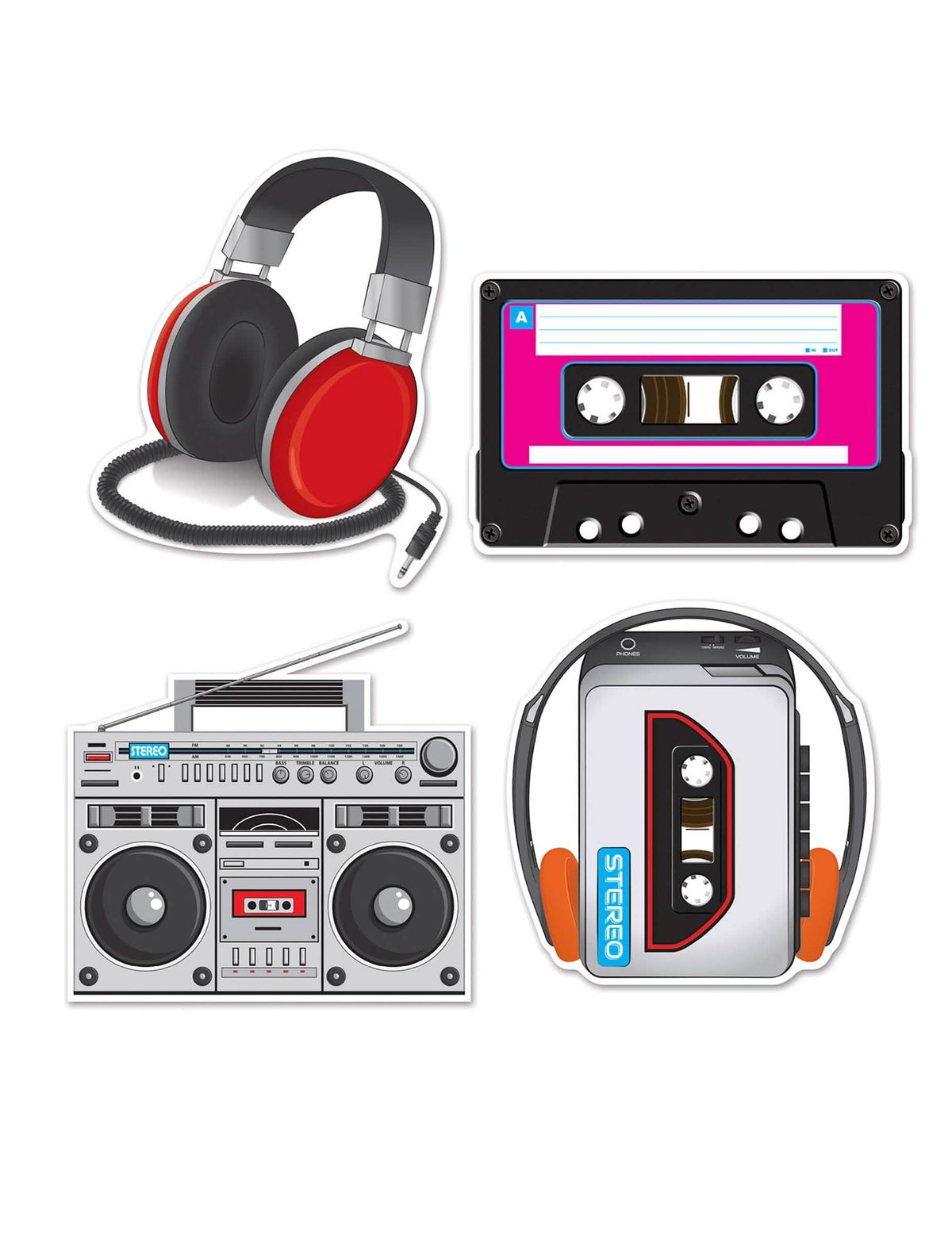 4 décorations cartonnées années 80 thème musique pour fête multicolores