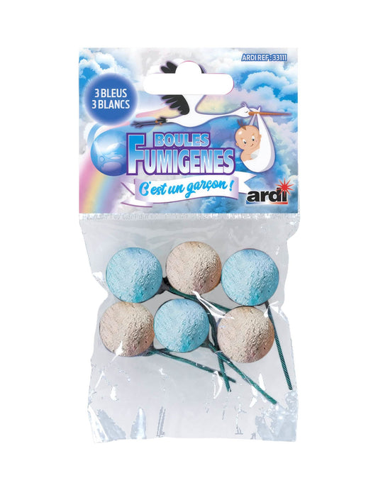 Vue de l'emballage des 6 boules fumigènes de fête pour adulte blanc et bleu