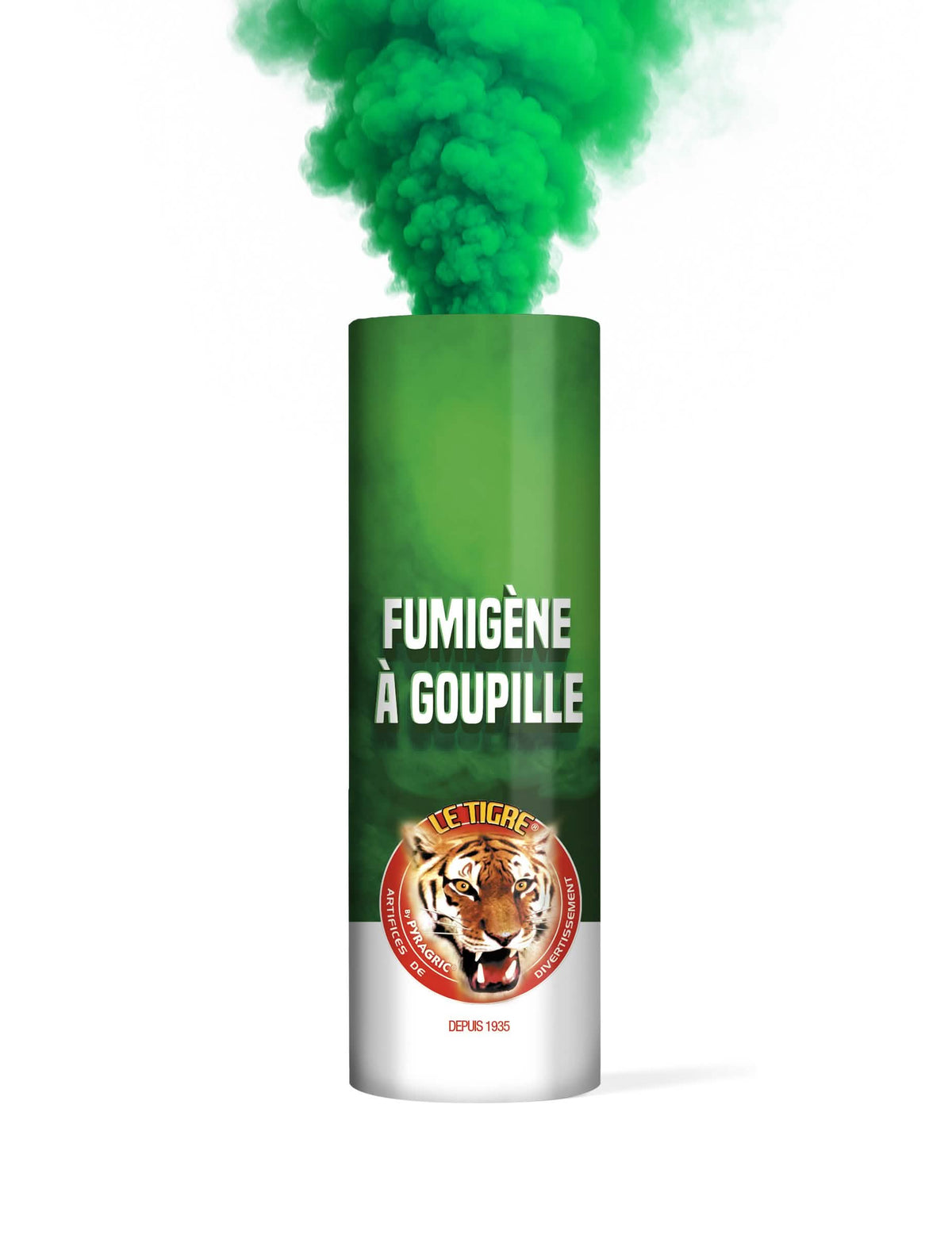 Détail de l'épaisse fumée verte du fumigène à goupille vert