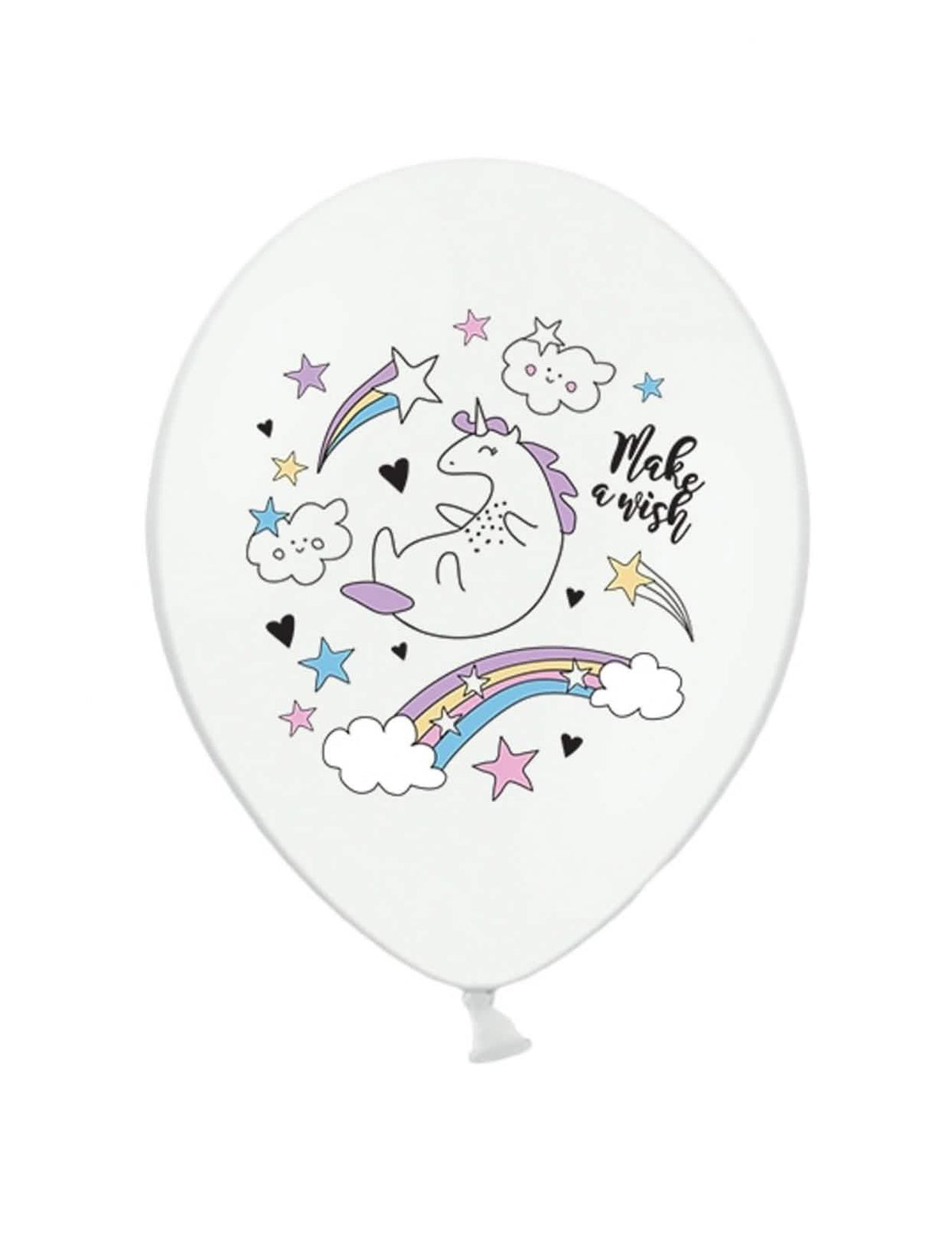 Ballon en latex licorne pour anniversaire blanc avec motifs arc-en-ciel et étoiles