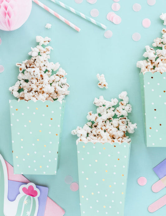 6 boîtes à popcorn en carton menthe à pois blancs et dorés