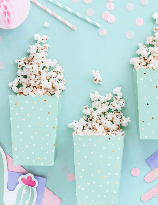 6 boîtes à popcorn en carton menthe à pois blancs et dorés