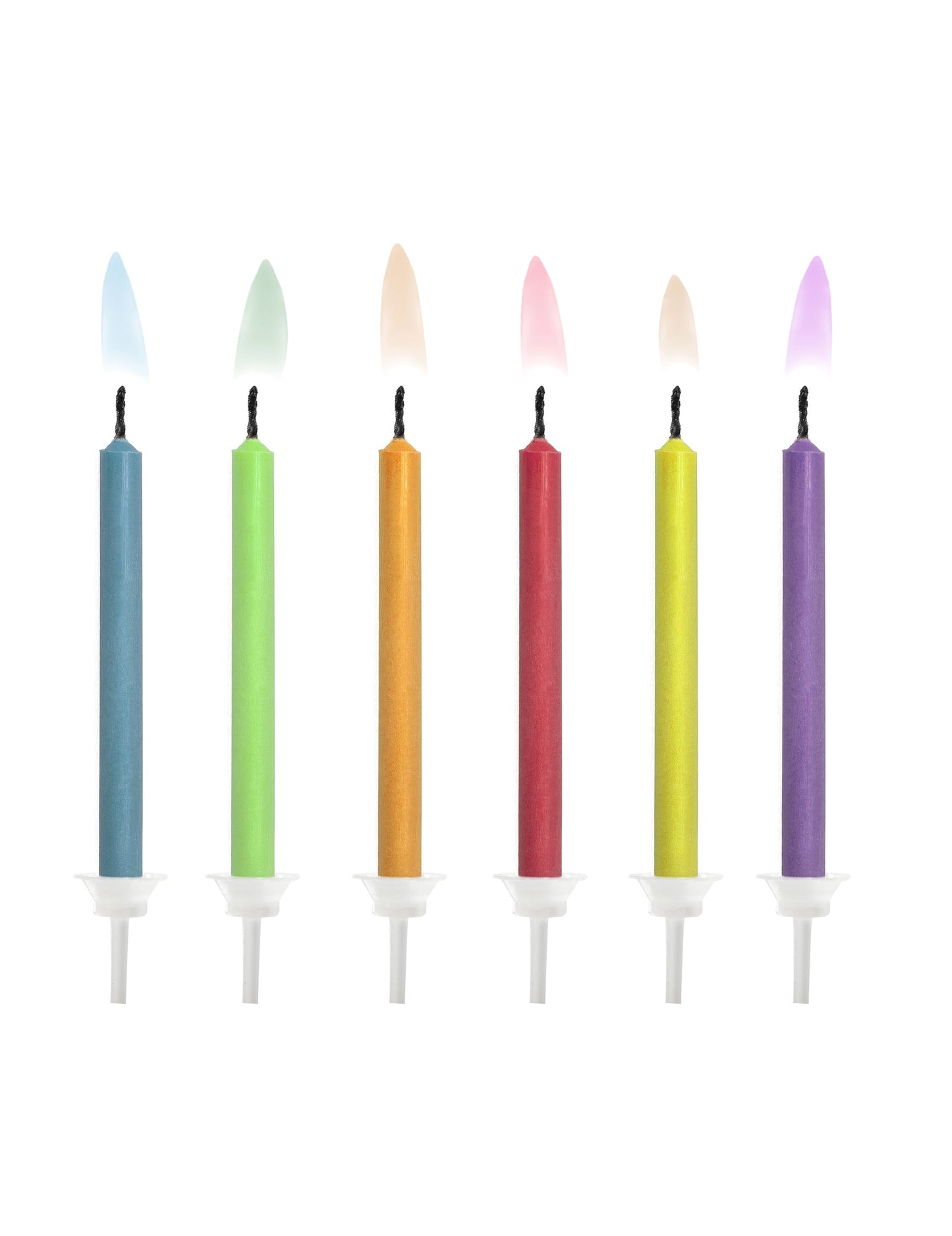 6 bougies d'anniversaire à flamme colorée pour gâteau multicolores avec supports