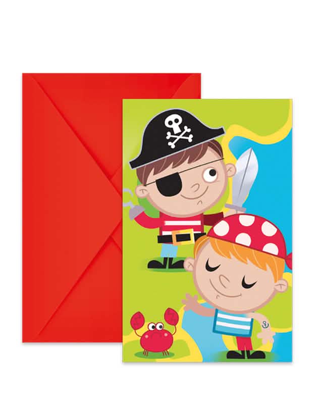 6 Cartons d'invitation et enveloppes chasse au trésor pirate pour anniversaire avec enveloppe rouge