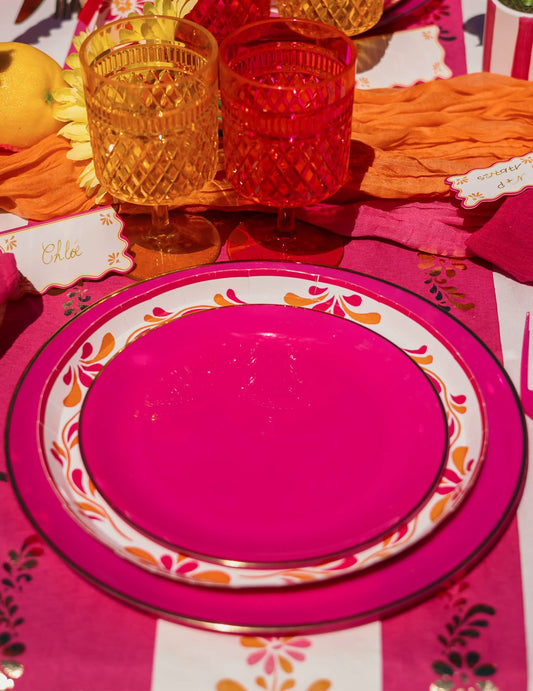 6 Kleine herbruikbare plastic bordjes roze en goud 19 cm