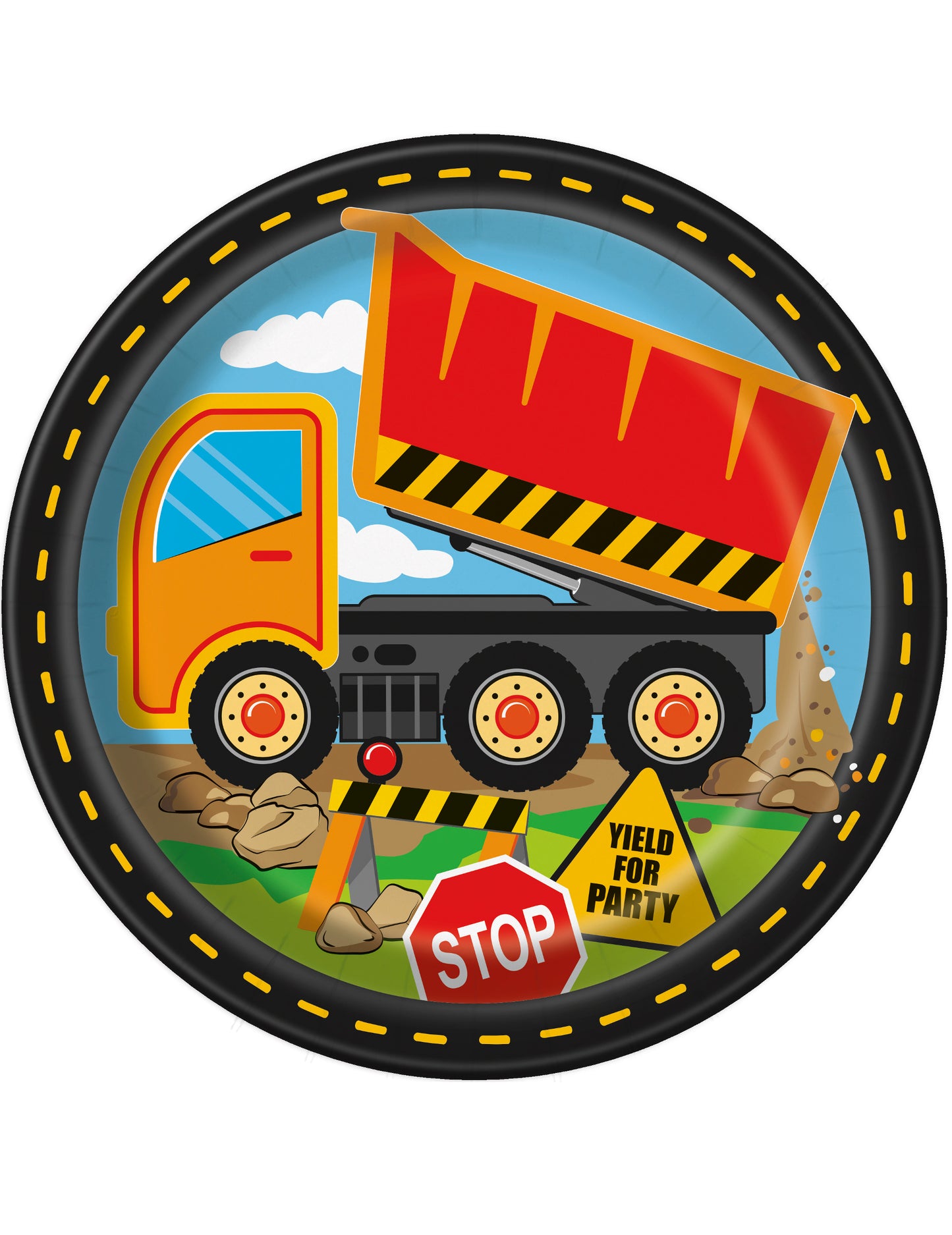 Assiettes en carton chantier pour enfant avec camion benne jaune et rouge