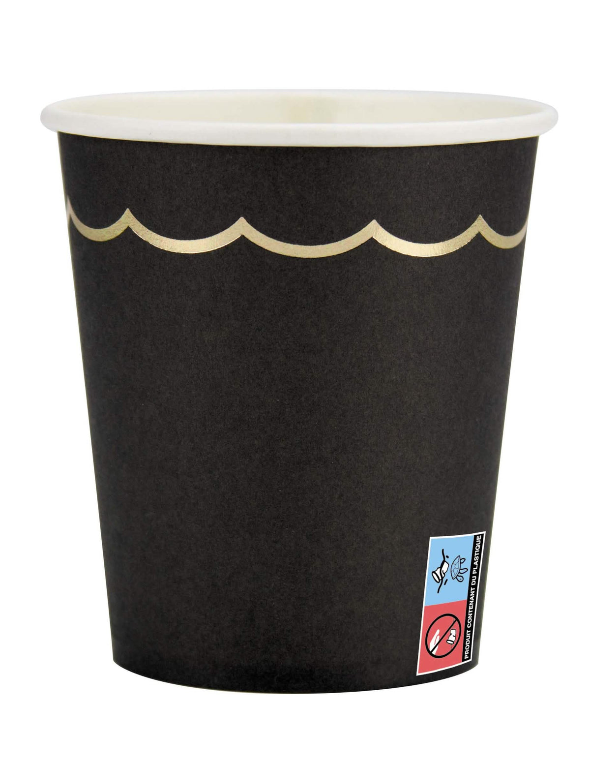 Gobelets en carton festonnés pour fête noirs et dorés élégants