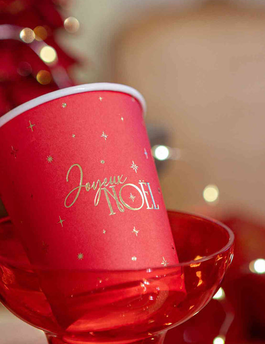 8 gobelets Joyeux Noël intemporel rouge et or 25,5 cl