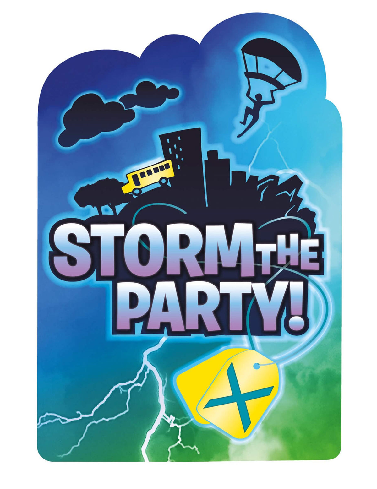 Uitnodigingen en enveloppen met blauwe en groene battle royale-stickers met gele bus