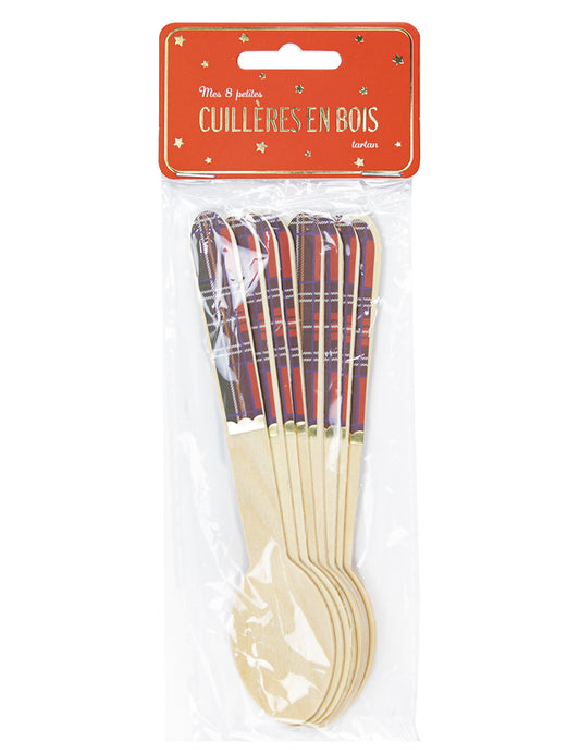 Emballage des petites cuillères en bois tartan de Noël