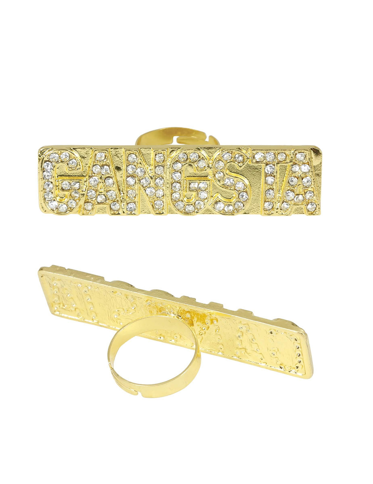 Vooraanzichten en achteraanzichten van de gangsta-ring met strass