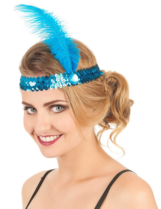 Vue de profil du bandeau à sequins et plume Charleston