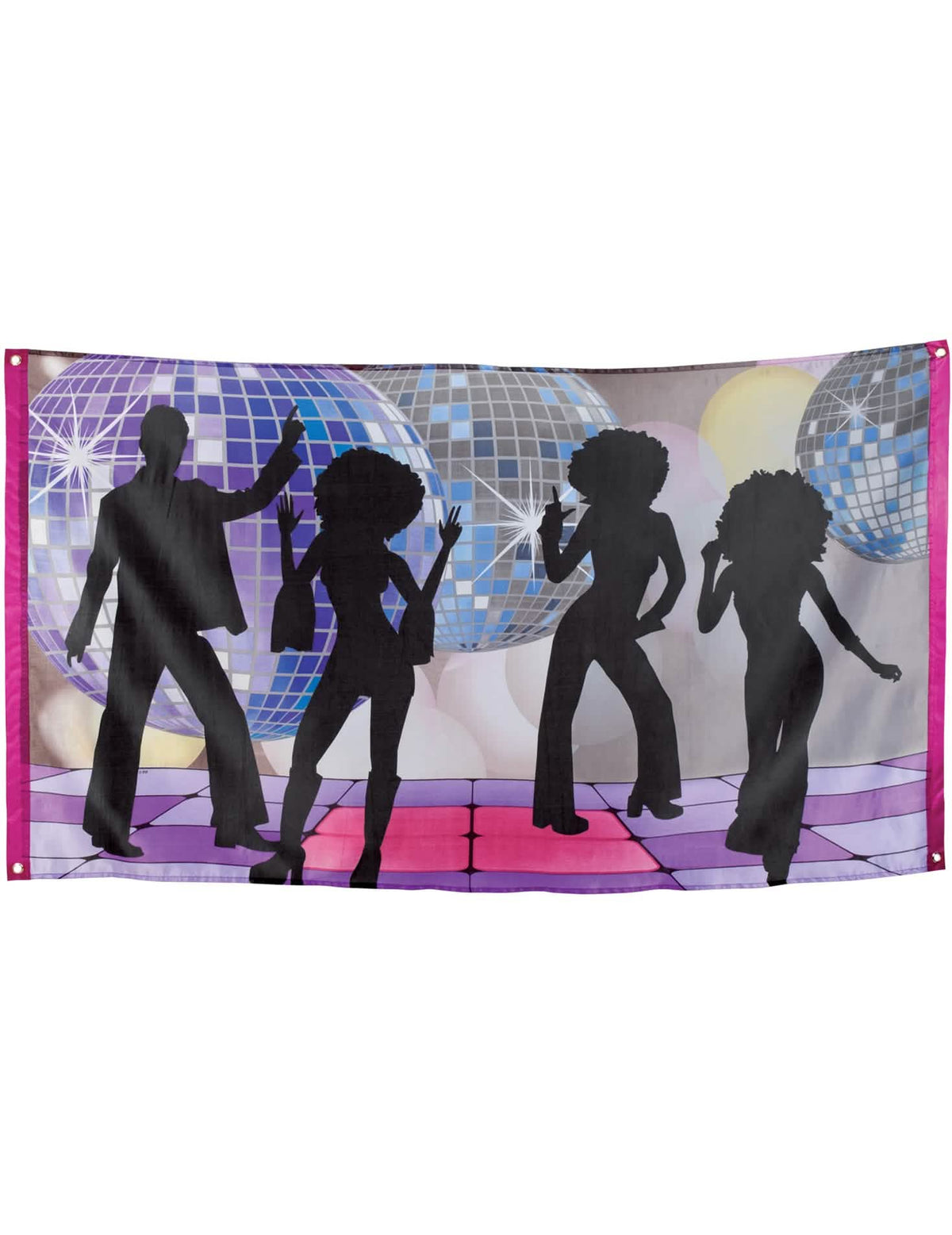 Banner disco voor een feest met silhouetten van dansers en paarse en roze discoballen