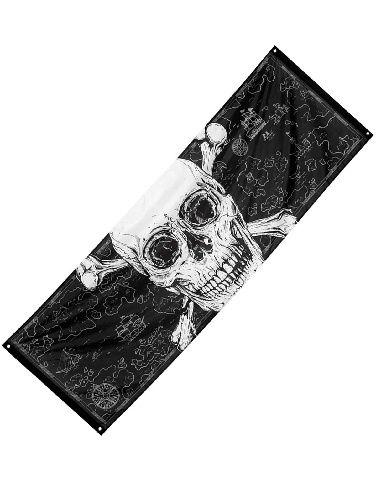 Bannière pirate Jolly Roger pour décoration noir et blanc avec grand crâne et motifs de carte au trésor