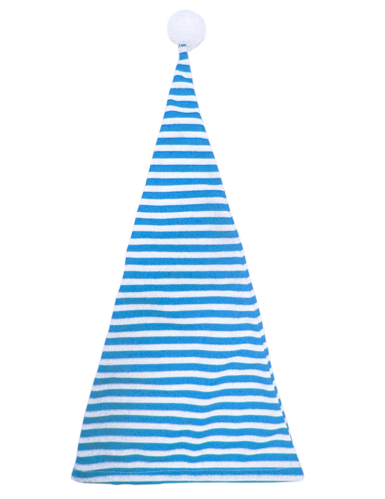 Vue à plat du bonnet bleu et blanc avec pompon pour adulte