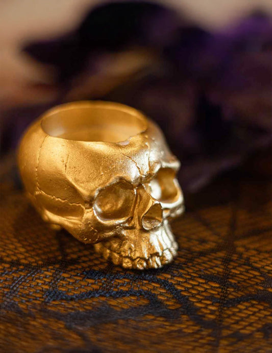 Bougeoir tête de mort en résine dorée 8 x 6 cm