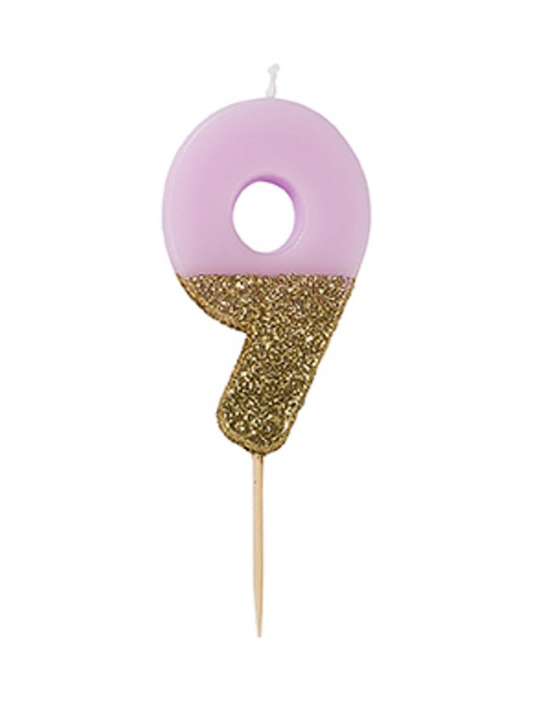 Bougie sur pique chiffre 9 pour gâteau d'anniversaire rose et dorée pailletée