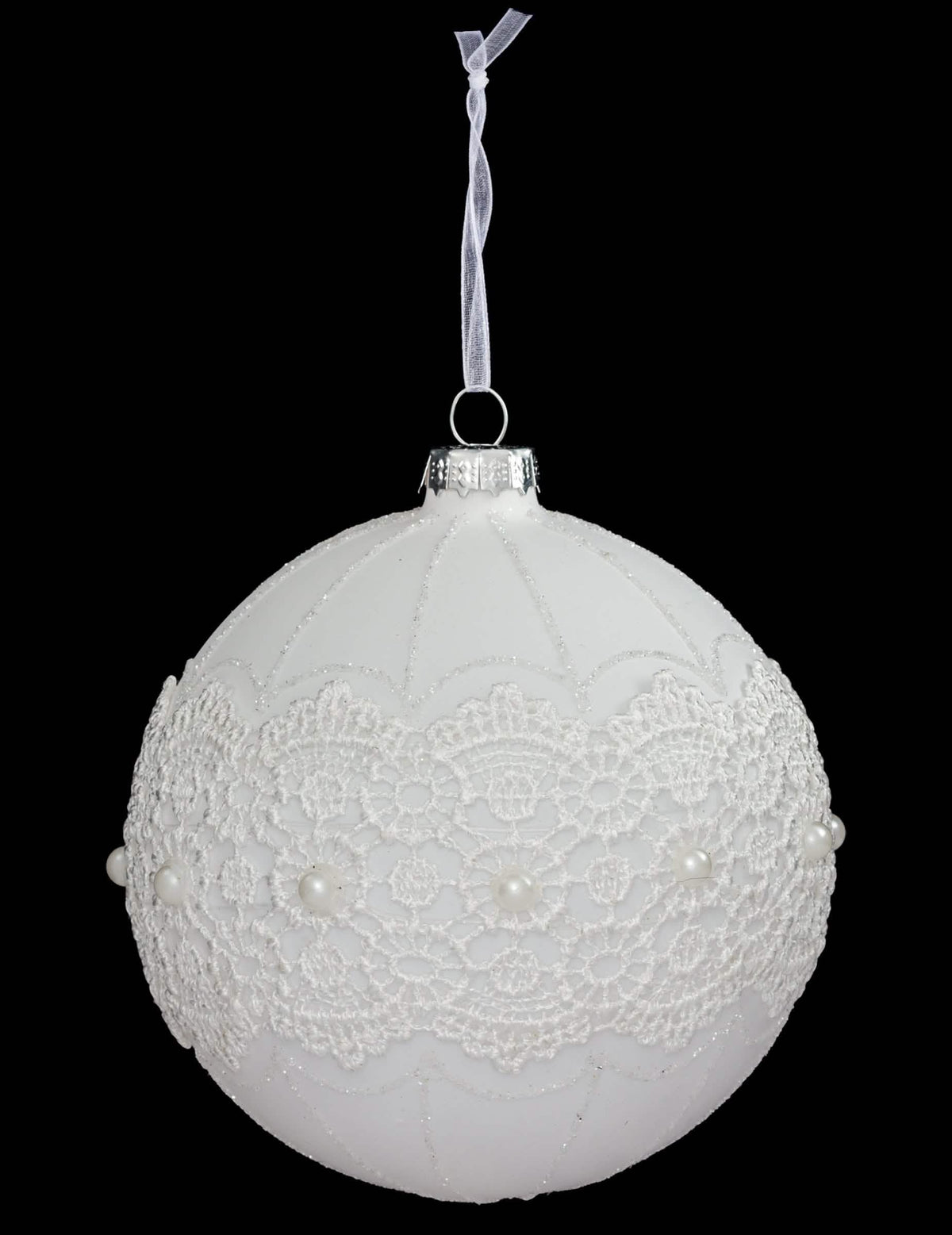 Boule de noël en verre élégante pour décoration blanche avec dentelle