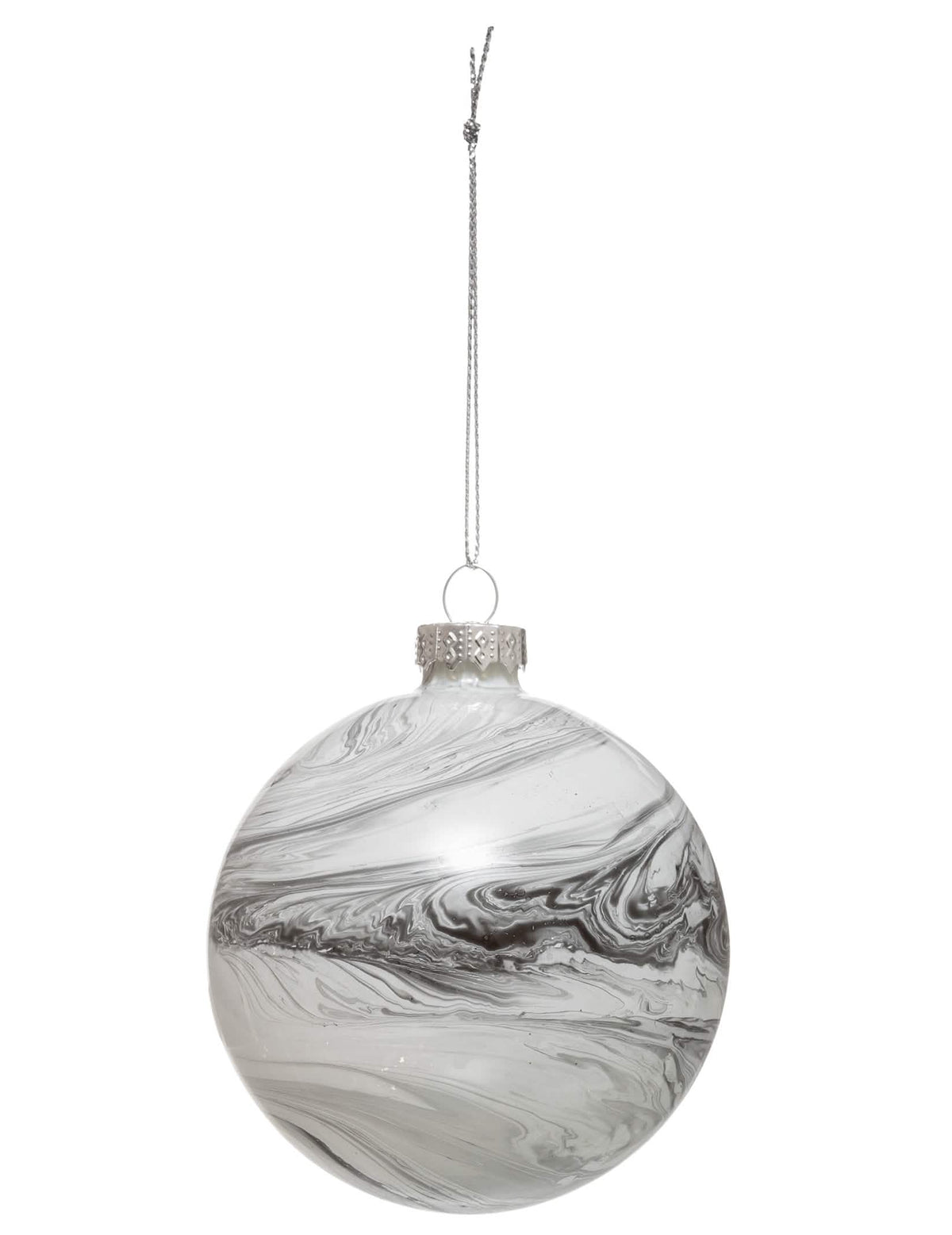 Glazen kerstbal met marmereffect in grijs en wit