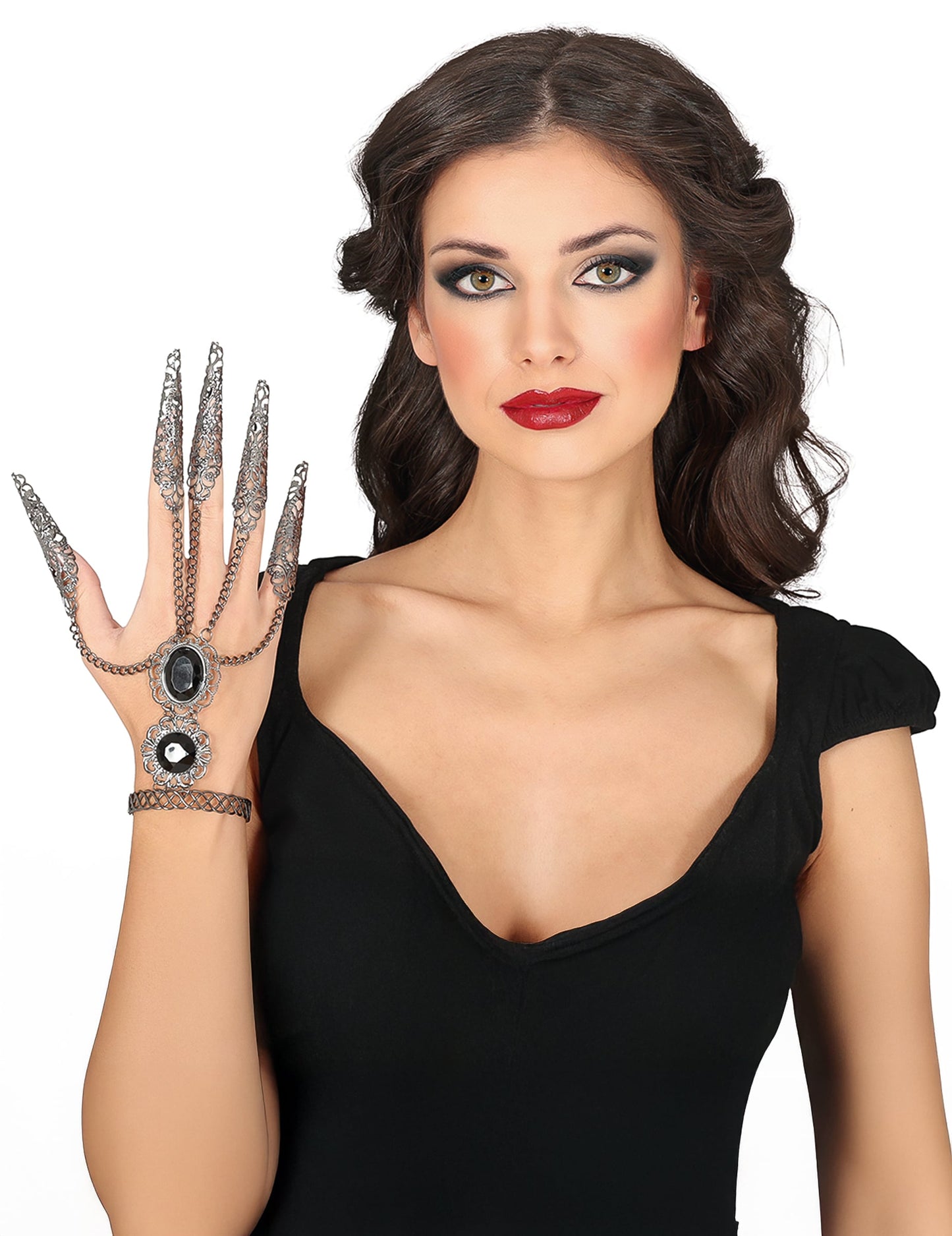 Bracelet Gothique métallique pour adulte argenté avec griffes et pierres noires