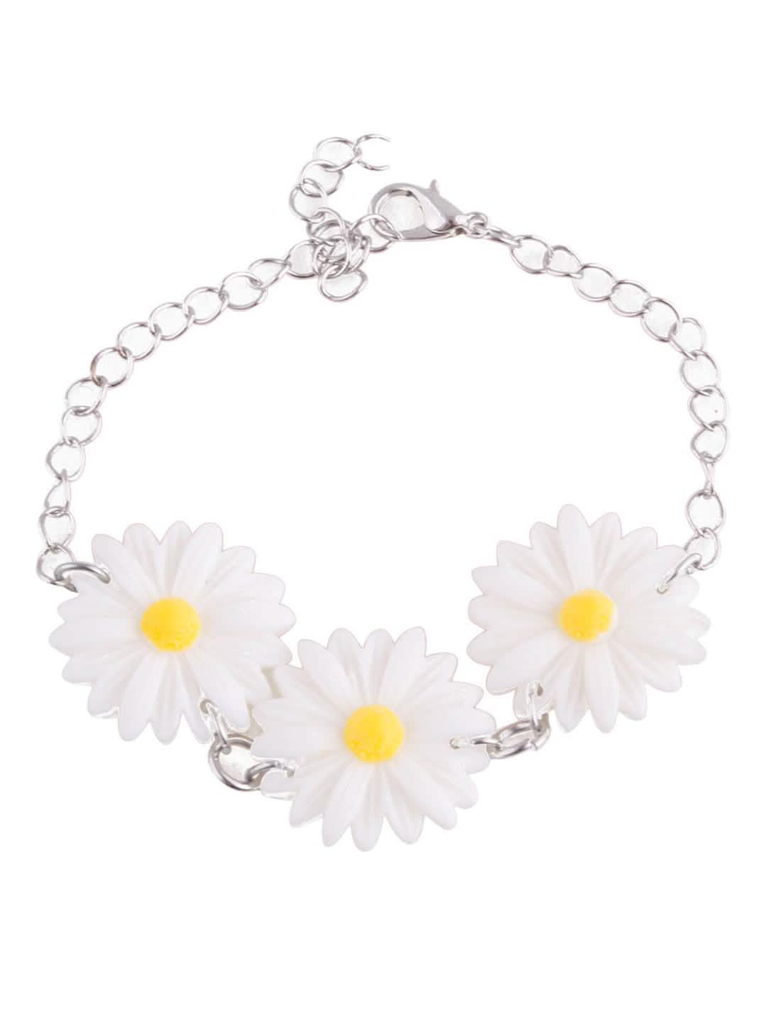 Bracelet marguerites pour adulte blanc et jaune avec chaîne argentée