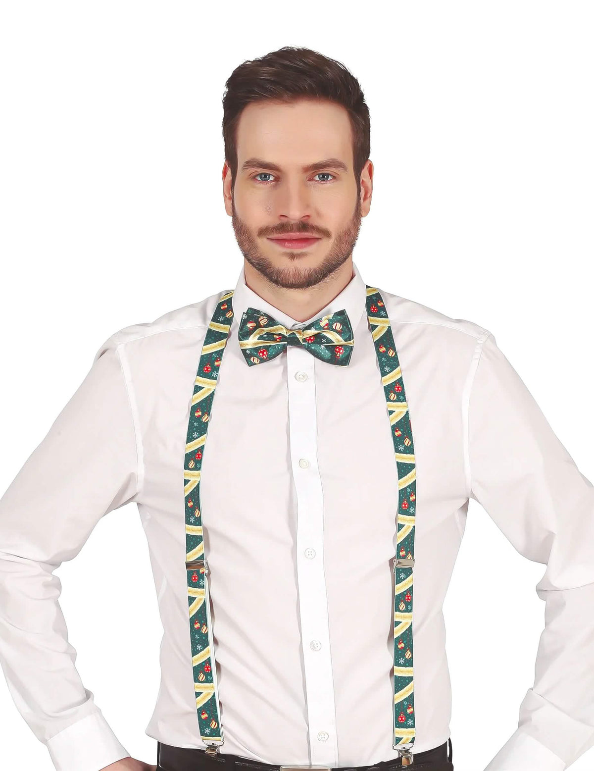 Bretelles de Noël pour adulte vertes avec motifs festifs et nœud papillon assorti