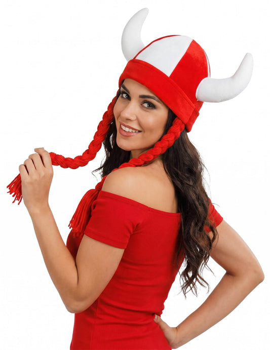 Stoffen helm met hoorns en supporterstaarten, wit en rood