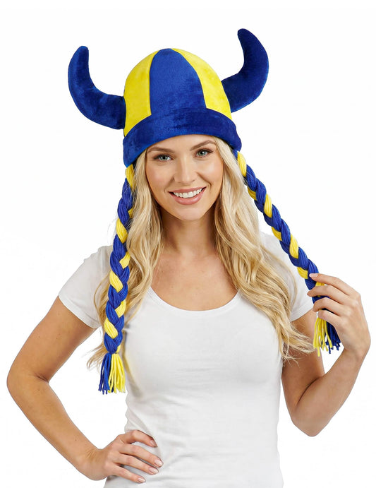Stoffen helm met hoorns en vlechten supporter blauw en geel Zweden