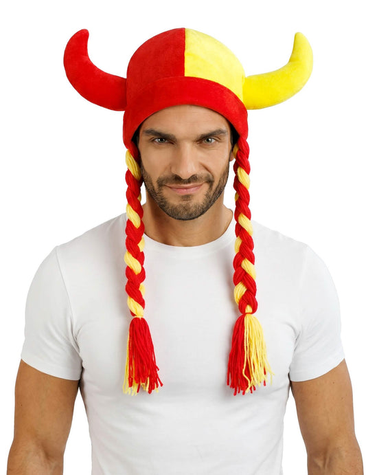 Casque en tissu avec cornes et tresses supporter rouge et jaune Espagne