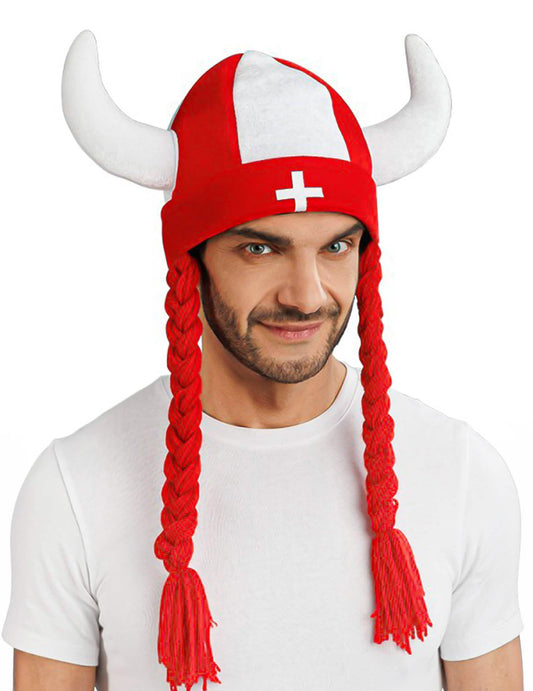 Casque en tissu avec cornes et tresses supporter Suisse
