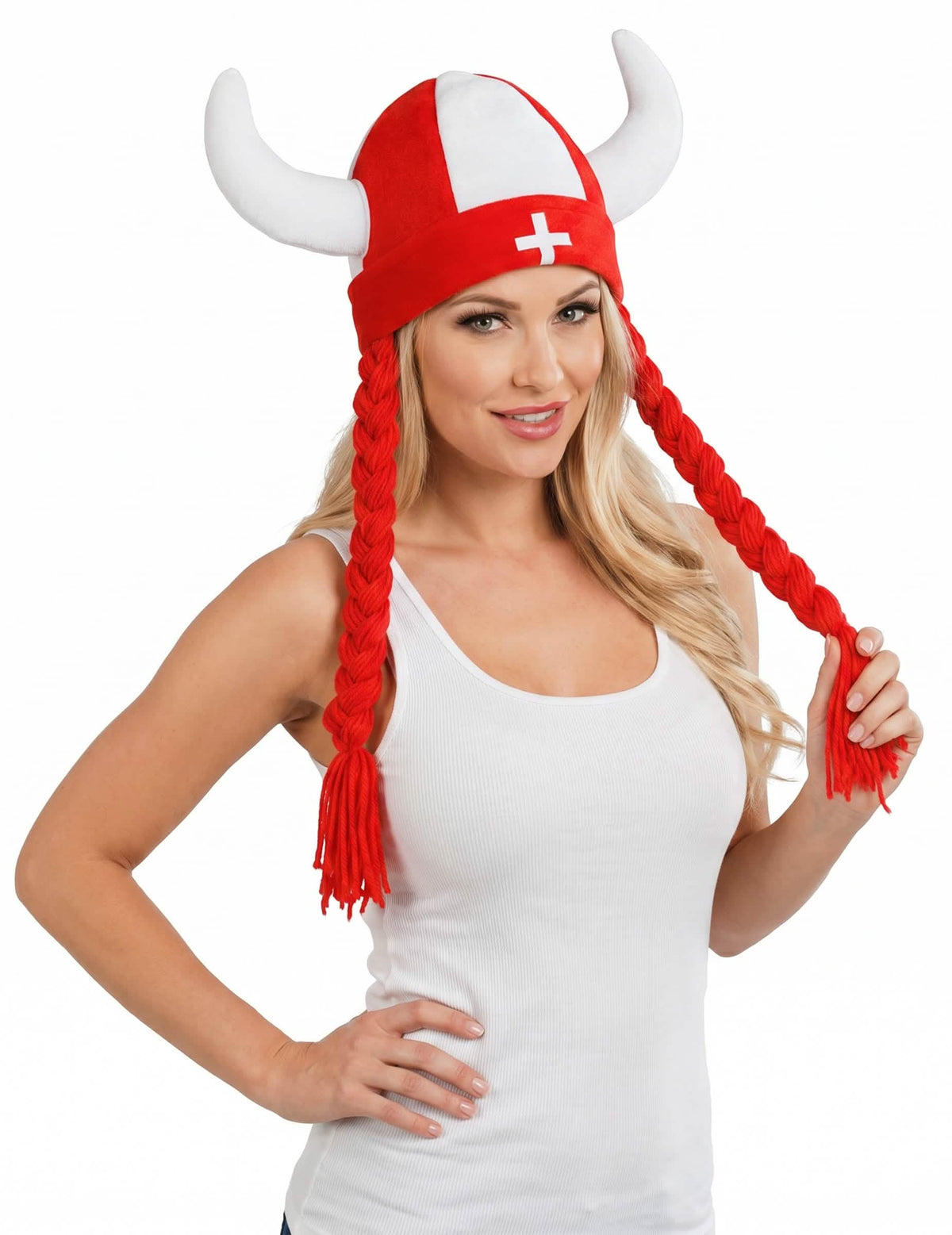 Casque en tissu avec cornes et tresses supporter Suisse