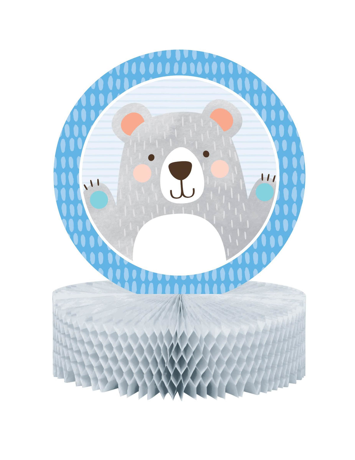 Centre de table en papier alvéolé petit ours pour baby shower gris et bleu