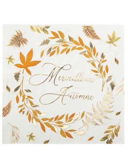 Serviettes Merveilleux Automne pour décoration de table blanches avec motifs de feuilles dorées et orange