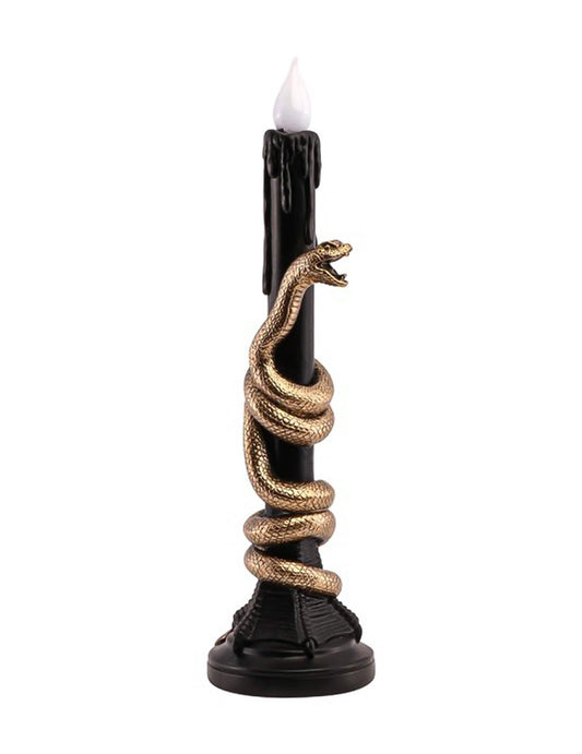 Decoratieve kandelaar van hars zwart met gouden slang en LED 11 x 11 x 41 cm