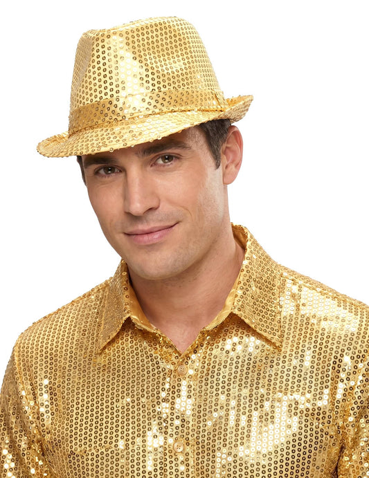 Chapeau borsalino à sequins doré adulte