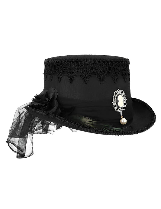 Détail du camée de la fleur et du voile du Chapeau Haut de forme Gothique