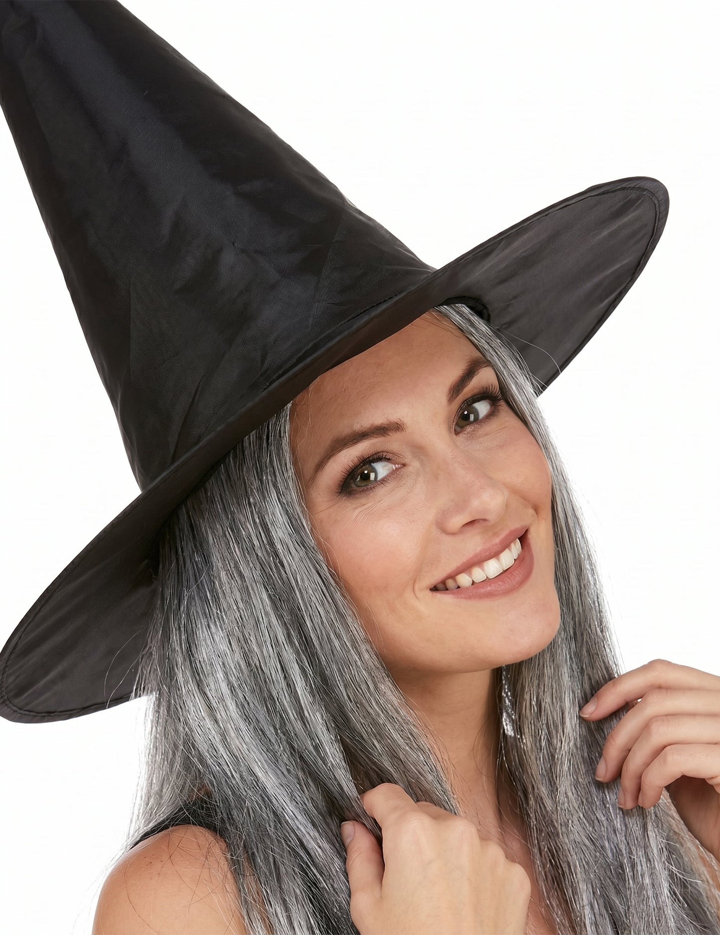 Chapeau sorcière noir avec cheveux gris adulte Halloween