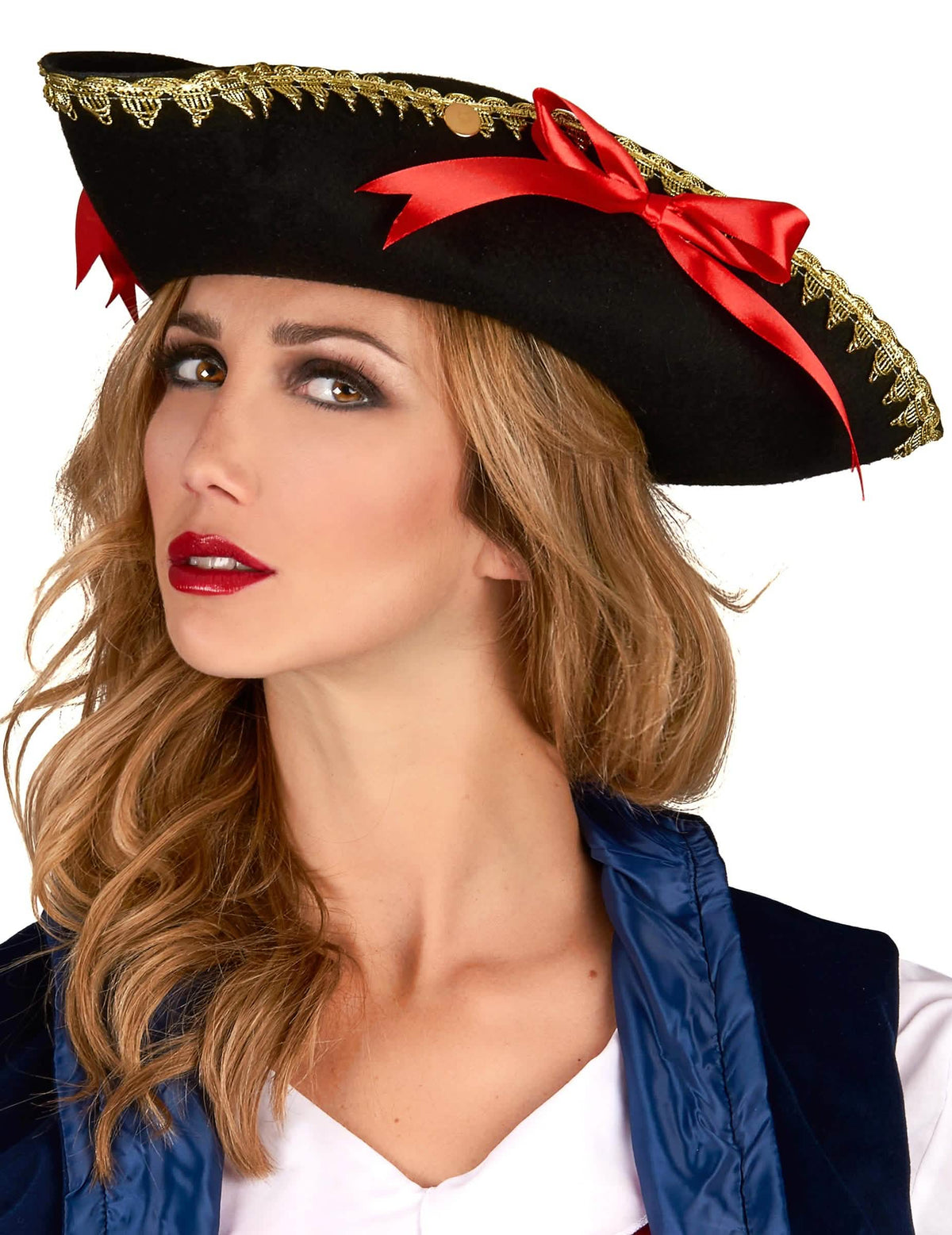 Vue de profil du chapeau tricorne à noeuds rouges pour femme