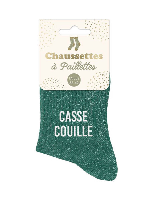 Détail de l'emballage des chaussettes à paillettes Casse couille